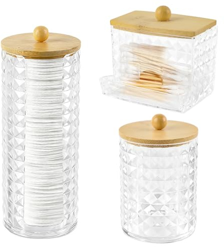 Hwtcjx 3 piezas Dispensador Discos Algodon, Dispensadores Discos Desmaquillantes, Caja de Almacenamiento de Hisopos de Algodón con Tapas de Bambú Contenedor, para Organizador de Almacenamiento de baño
