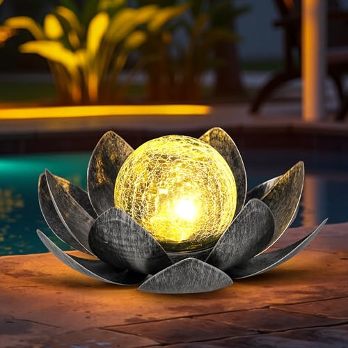 GIGALUMI Luces Solares para Decoración de Jardín al Aire Aibre, Pétalos de Metal Ajustables, Luces de Flor de Loto, Decoración de Mesa al Aire Libre, IP44 impermeable(Gris)