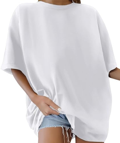 PASUDA T-Shirt Femme à Manches Courtes Oversize Tee Shirt Coton Vintage Col Rond Grande Taille Haut Été de Sport Casual Tops Tunique Chic Coupe Ample Solid Color