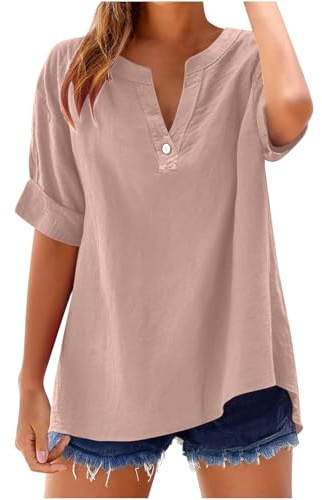 Womens Short Sleeve Button Down Shirts Lightweight V Neck Cotton Linen Shirts Breathable 100% Linen Chiffon Peasant Blouses Wrinkle Free Office Button Up Vacation Tunic Tops Beach Clothes Camisas