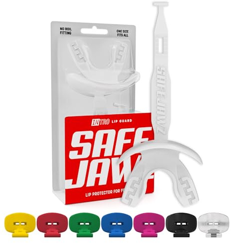 SAFEJAWZ Protège-dents de football, protège-lèvres sportif avec sangle attachée, protège-dents respirant pour adultes et juniors, protège-lèvres pour le football américain et la crosse (Blanc)
