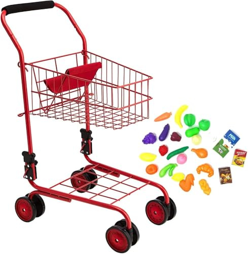 The New York Doll Collection Toy Shopping Cart for Kids and Toddler - Includes Food - Folds for Easy Storage - with Sturdy Metal Frame (Red)