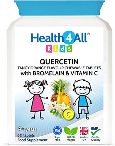 Health4All Kids Quercetin with Bromelain and Vitamin C, 60 Chewable Tablets, Vegan Natural Antihistamine Supplement, Inflammation Support, Sugar-Free Orange Flavour | Made in UK