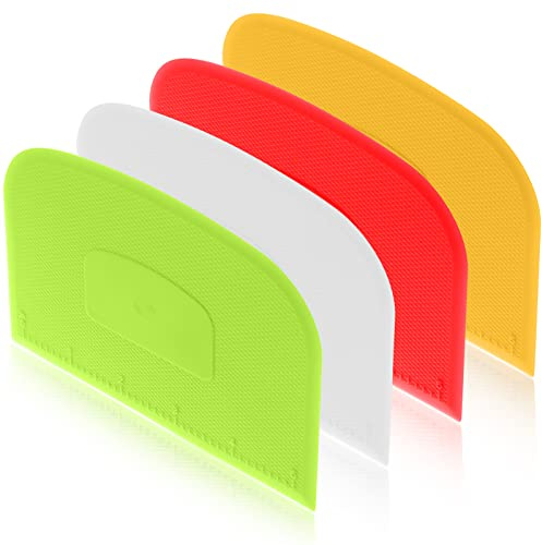 4 Piece Plastic Dough Scraper Bowl Scraper Flexible Multipurpose Food Scraper Plastic Dough Cutter for Bread Cake Dough Fondant Icing (White, Green, Yellow, Red)