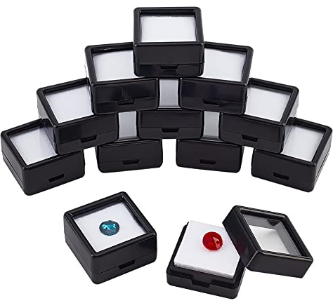NBEADS 12 Pcs Gemstone Display Box, 1.18x1.18x0.64 Black Plastic Square Jewelry Display Container Diamond Storage Box with Clear Glass Top Lids and White Sponge for Bare Stone Diamond
