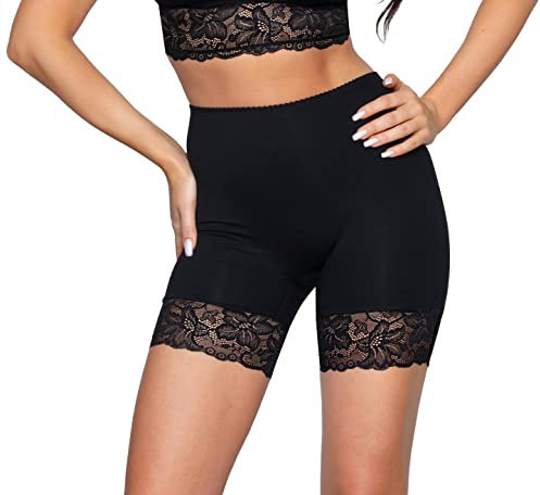 Alkato Damen Longpants mit Spitze Unterhose mit Bein Miederpants Rock Boxershorts, Farbe: Schwarz, Größe: L