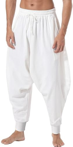 GUDEUBAI Mens Casual Harem Pants Baggy Elastic Drawstring Waist Aladdin Hippie Pant (XX-Large, B-White)