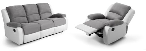 Loungitude - DETENTE - Canapé de Relaxation, Ensemble 3 +L1 Places - Manuel - en Simili/Microfibre - Gris/Blanc