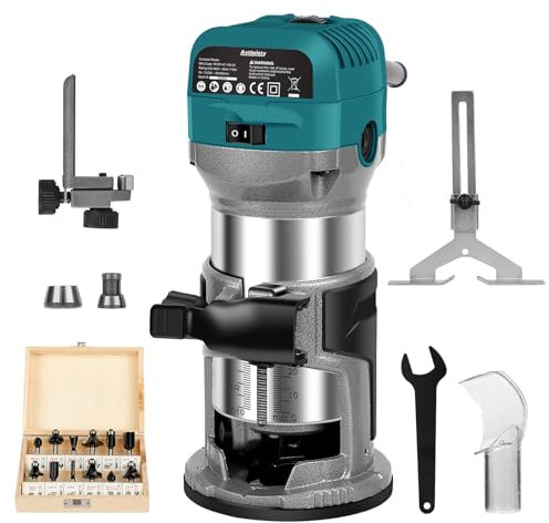 Avtbeisty 6.5-Amp Wood Router Tool, 1.25 HP Compact Trim Router with 6 Variable Speed, Fixed Base, 12 Wood Router Bits, 1/4 & 3/8 Collets, Edge Guide, Roller Guide, and Dust Hood