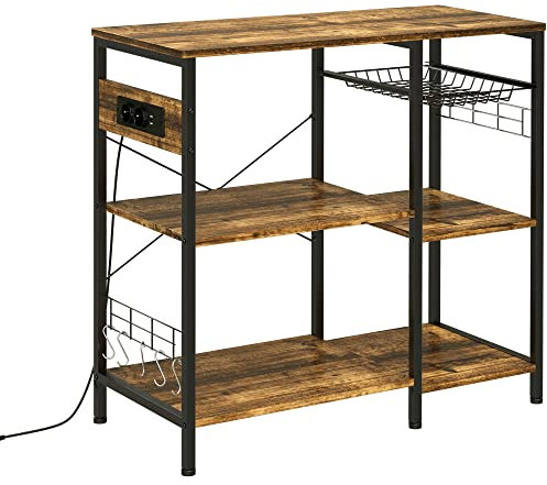 HOMCOM Estantería de Cocina Industrial Estante de Cocina con Toma de Corriente Estantes Ajustables Ganchos y Cesta Metálica 90x40x83 cm Marrón Rústico