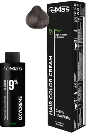 Femmas Set de tinte para el cabello rubio claro ceniza 8.1 I Crema colorante 100 ml + crema de óxido 100 ml 9% I coloración permanente del cabello + desarrollador I Suave y duradero I Tinte de pelo de