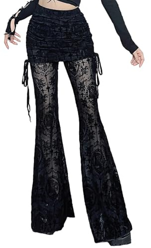 XKBHYD Women Gothic Flared Pants Vintage Ladies Hight Waist Lace Trousers Punk Grunge Harajuku Bell Leg Skirt Pants Black