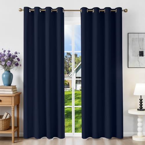 Runyéla Rideau Occultant Thermique Isolant Anti Chaleur 120x230 (LxH), Lot de 2 Rideaux Fenêtre Opaques Bleu Marine à Oeillets Anti Froid UV Bruit, Intérieurs Decoration Dressing Salon Chambre Maison