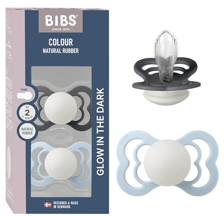 BIBS Supreme Glow Dummy, 6-18 Months, 2-Pack, Baby Blue Glow/Iron Glow | Symmetrical Silicone Teat | Size 2 | BPA-Free | Made in Denmark | Glow Handle | High Teat Acceptance | Airflow Holes