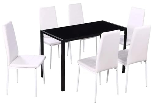 Augerlite Set da pranzo da 7 pezzi, nero e bianco, con tavolo in vetro temperato e sedie in ecopelle, 120 x 60 x 74 cm, 6 sedie imbottite, moderno gruppo da pranzo per soggiorno e piccoli spazi