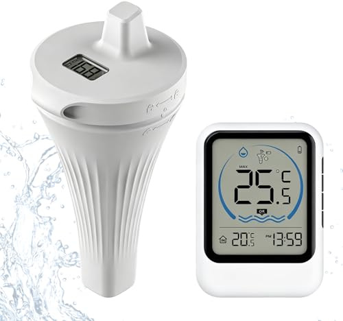 Thermomètre de piscine sans fil,avec température et heure,capteur extérieur | thermomètre numérique sans fil, thermomètre de piscine flottant avec étanchéité IP68, station de base pour intérieur,