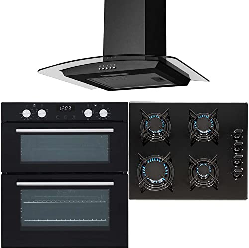 SIA 60cm Black Built Under Double Oven, 4 Burner Gas Hob & Curved Glass Hood Fan