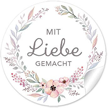 24 STICKER Mit Liebe gemacht, PASTELLFARBEN Blütenkranz, Gastgeschenke Taufe Geburt Hochzeit Kommunion Konfirmation Hochzeitsmarmelade Geburtstag Tischdeko Selbstgemachtes, 4 cm, rund, matt