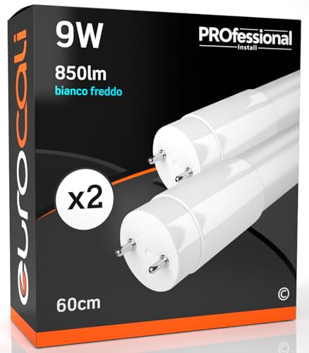 Eurocali 2x Tubi LED 60cm G13 T8 9W 850 lumen - Luce Bianco Freddo 6500K - Fascio Luminoso 160° - Sostituzione Neon