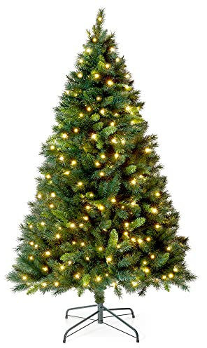 VeryMerry 7FT 'Snowhill' Pre Lit Christmas Tree with 400 Built-In Warm White LED Lights with Auto-Off Timer, 8 Lighting Modes and Foldable Metal Stand