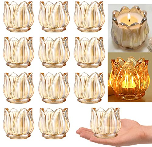 GOLDEAL 12Pcs Gold Votive Candle Holders, Thick Glass Tea Light Candle Holder Bulk, Tealight Candle Jars for Wedding Table Decor, Party Supplies, Bridal Shower Decorations, Centerpieces for Tables
