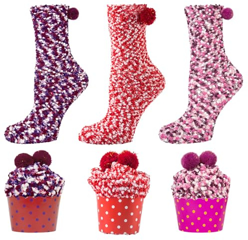 Kotashion Femme Hiver Chaussette Chaud Cadeaux Cupcake Mignon Chaussettes Moelleuses Cadeaux de Noël La Saint Valentin Fête des mères Cadeaux d'anniversaire 3paires