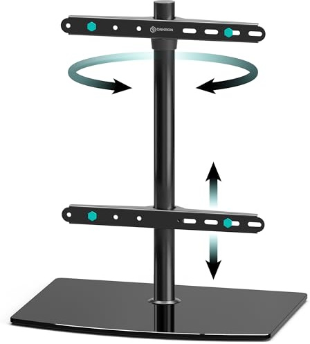 ONKRON Support TV sur Pied Verre Trempé pour 32-75 Téléviseur Jusqu’à 40 kg, Pied TV Pivotant VESA 100x100-VESA 400x400, Pied Television de Table, Support Télé Hauteur Réglable Noir PT3-B