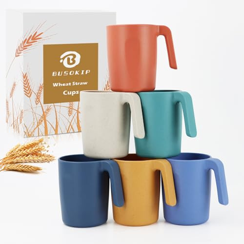 Wheat Straw Coffee Mugs Set of 6, Drinking Cups16 OZ, Microwave & Dishwahser Safe Plastic Cups with Handles, Unbreakable & Stacking Water Cups for Camping, Kitchen, RV, Drinking glasses - Multicolor