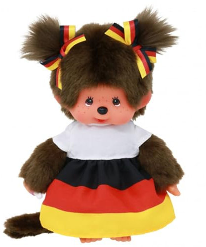 Sekiguchi Mädchen im Deutschland-Kleid | 20 cm Monchhichi Puppe | Zwei Zöpfchen
