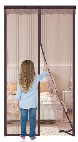 Mosquitera Puerta Magnética 105x200cm,Cortina Magnética Anti-Insectos con Imanes, Instalación Fácil con Cinta Mágica, Ideal para Puerta de Balcón y Terraza, Mosquitera Magnética de Poliéster,Marrón