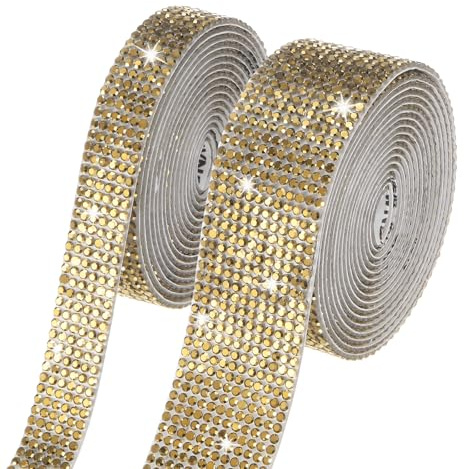 M METERXITY 2 Rotoli Nastro Strass in Cristallo, 0.5/1.1 x 2 Iarde Nastro Strass in Cristallo Autoadesivo per Collana Fai da Te/Nuziale/Borse da Cucito/Artigianato[Oro]