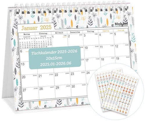 MOKANI Tischkalender 2025-2026, Kleiner Monatskalender 2026 von Oktober 2025 bis Dezember 2026, 15 Monate Schuljahr Flip-Tischkalender mit 234 Aufklebern - 20x15cm