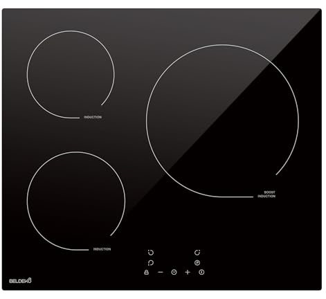 Plaque à induction encastrable 3 foyers 6200 W – BELDEKO – zone large Ø 28 cm + minuterie intégrée – verre noir – marque française