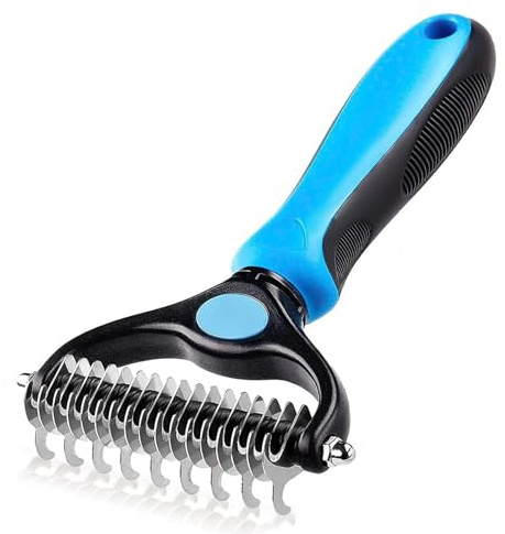 Cat & Dog Brush - Double Sided Undercoat Rake - Grooming and Deshedding Tool for Dogs and Cats with Medium or Long Hair