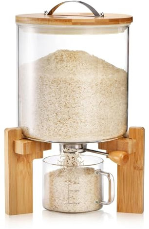 Aocay Reisspender Vorratstank, Reisbehälter mit Messbecher, Müslispender Glas mit Verschlussdeckel, Cereal Dispenser für Reis Sojabohnen Müsli (5L)