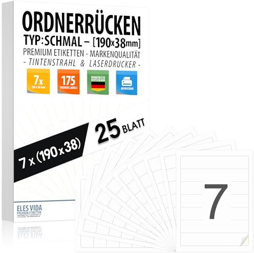 175 Stück Ordnerrücken Aufkleber 190 x 38 mm – selbstklebende Ordnerrücken-Aufkleber schmale Ringmappen, ideal Büro, Arbeit & Uni, Ringmappen als Rückenschilder für Tinten- & Laserdrucker kompatibel