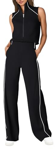 SENSERISE Womens Summer Jumpsuits Dressy Casual Sleeveless Mock Neck Top Wide Leg Pants Romper with Pockets(Black,M)
