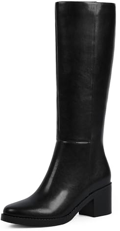 Easyfox Black Boots for Women Low Heeled Leather Knee High Boots Chunky Heel Tall Long Boot Round Toe Dress Block Heel Calf High Boot 2025 Size 8