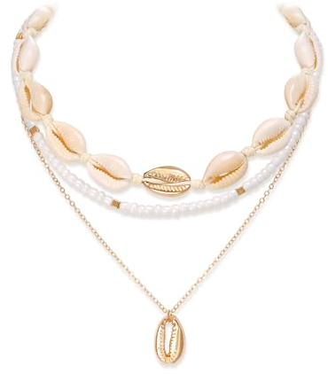 Clearine Bohemian Boho collier en perles simulées naturelles en coquillage étoile de mer fait main pour femme - Collier à plusieurs rangées pour l'été, plages et accessoires de bijouterie