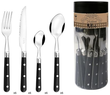 PRADEL ESSENTIEL - Ménagère 24 couverts de table pour 6 personnes - Bistro-Club - Acier inoxydable 18/0, Finition Standard - Noir