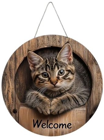 Cartello di benvenuto – Ornamento in legno a tema gatto per porta d'ingresso, design 2D da 20 cm, con decorazione da appendere, affascinante accento d'ingresso per interni, soggiorno, camera da