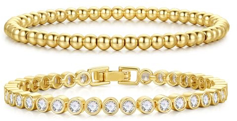 Turandoss Guld tennisarmband för kvinnor, 14K guldpläterat armband för kvinnor trendiga pärlkedjor armband kubisk zirkonia tennisarmband justerbart skjutreglage 16,5–19 cm personliga julklappar, 7