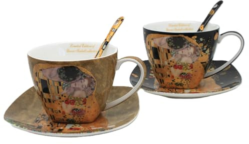 Juego de 2 tazas de porcelana con cucharas de Klimt De Kiss 250 ml | Fine Bone | elegante juego de regalo con diseño artístico Gustav Klimt | porcelana de lujo en caja