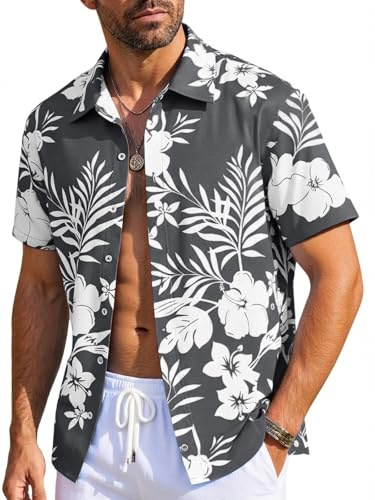 Runcati Camisa hawaiana de manga corta para hombre, camisa informal de verano, con botones, vacaciones, playa, flores, fiesta, camiseta informal, corte regular, camisa informal, gris, L