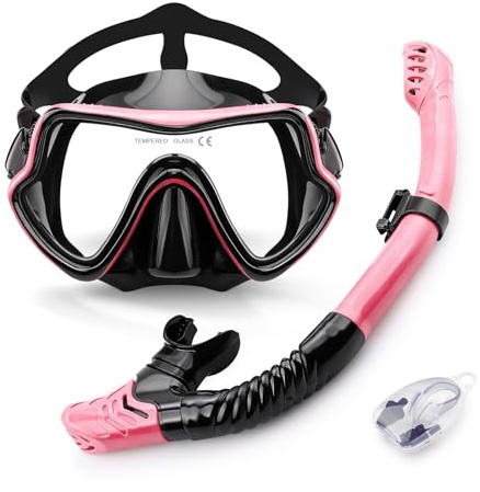 Vogista Snorkel Set for Adults, 180° Panoramic Anti-Fog Snorkel Mask with Dry Top Snorkel, Professional Snorkelling Gear for Snorkeling, Swimming, Travel - Pink