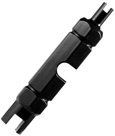 LUDHEP Clé pour Valve Presta et Schrader 53mm en Aluminium Noir, Démonte-valve Tubeless, Outil pour Réparation de Chambre à Air Vélo