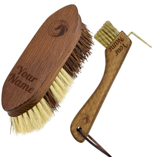 Equimour Huf-Duo - Set di spazzola per zoccoli e raschietto per zoccoli 2 in 1, in legno e pelle vegana, cura del cavallo di alta qualità, pulizia efficace degli zoccoli, strumento di pulizia durevole