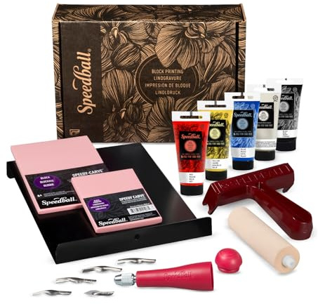 Speedball Deluxe Block Printing Kit - Includes Inks, Brayer, Bench Hook, Lino Handle and Cutters, Speedy-Carve Block, Mounted Linoleum Block (3472)
