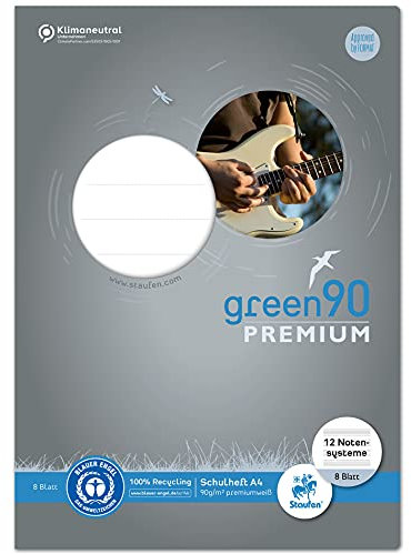 Staufen Green Notenheft - DIN A4, 12 Notensystem, 8 Blatt, premiumweißes 90g/m² Recyclingpapier, runde Ecken verhindern „Eselsohren“, 1 Stück