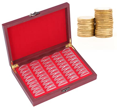 50 Stycken 30 Mm Myntkapslar med Vintage Trä Förvaringsbox och Skumpackning, Myntsamlare Arrangör Myntdisplay Jubileumsfodral